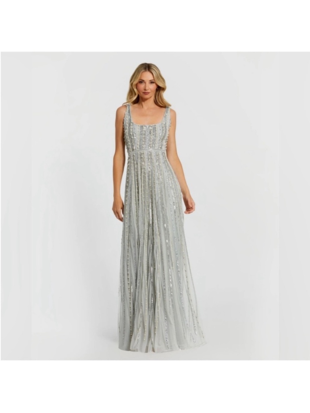 Mac Duggal 94080 Powder Blue Scoop Neck A-Line Gown With Striped Beading sz 14